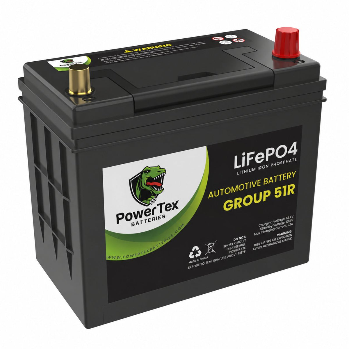PowerTex Group 51R LiFePO4 automotive battery — front product view