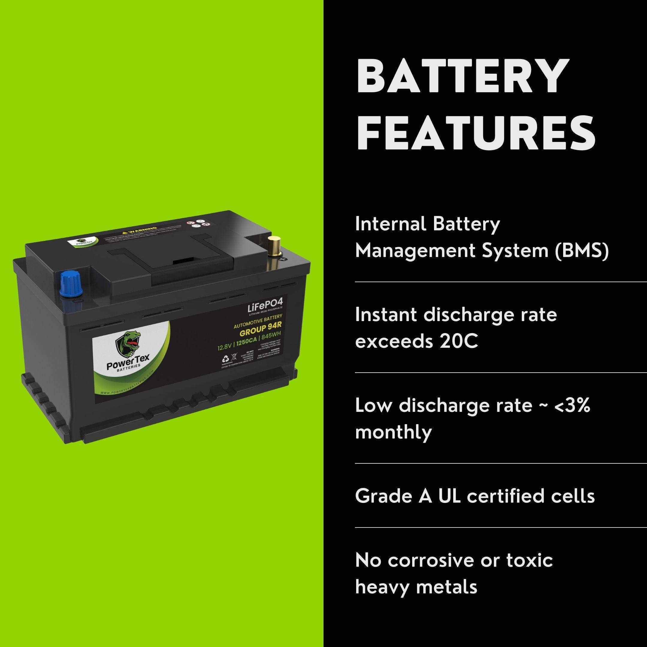 PowerTex Batteries Group 94R / H7 Lithium Ion LiFePO4 Automotive Battery Battery PowerTex Batteries