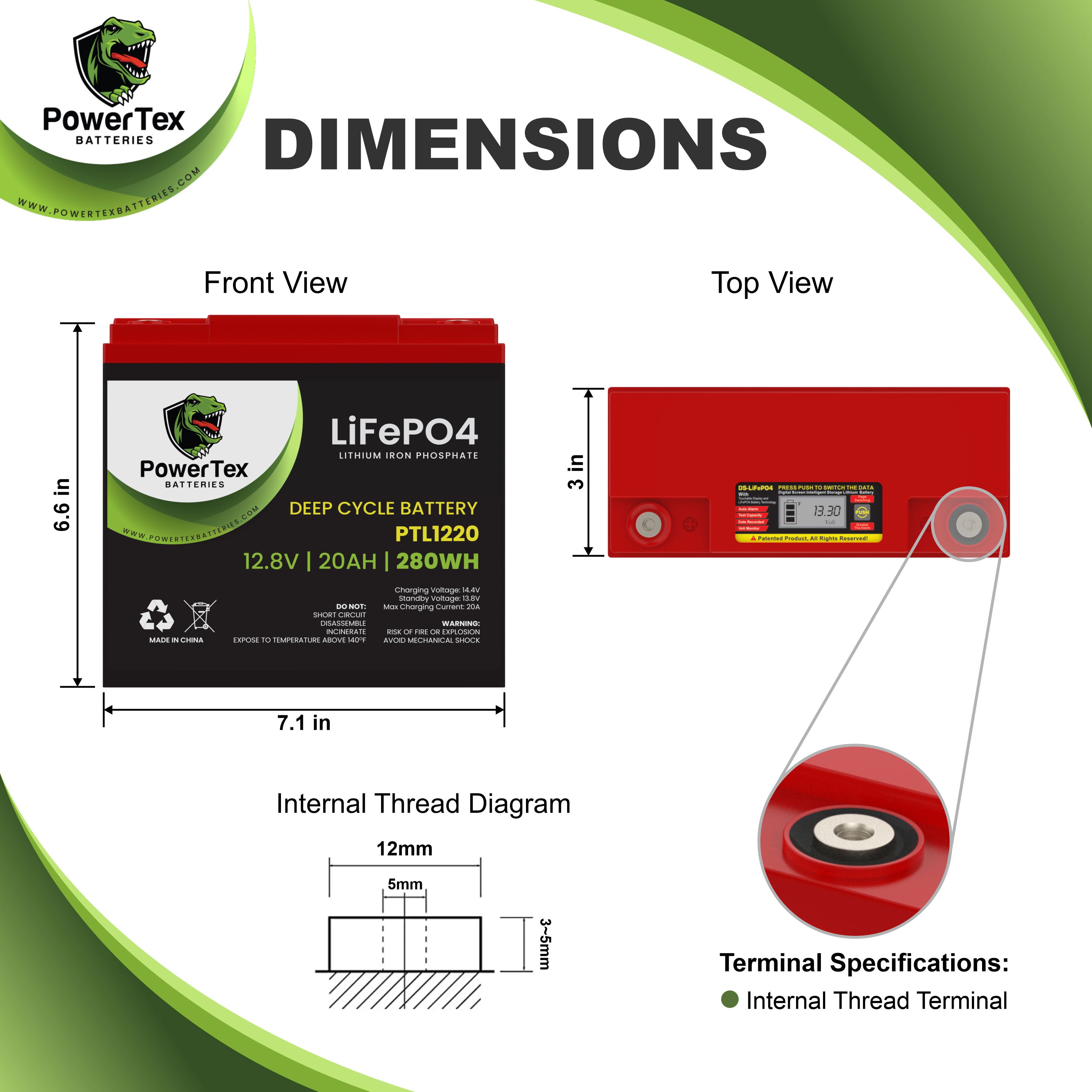 PowerTex Batteries 12V 20Ah Lithium Ion LiFePO4 Rechargeable Battery Battery PowerTex Batteries 