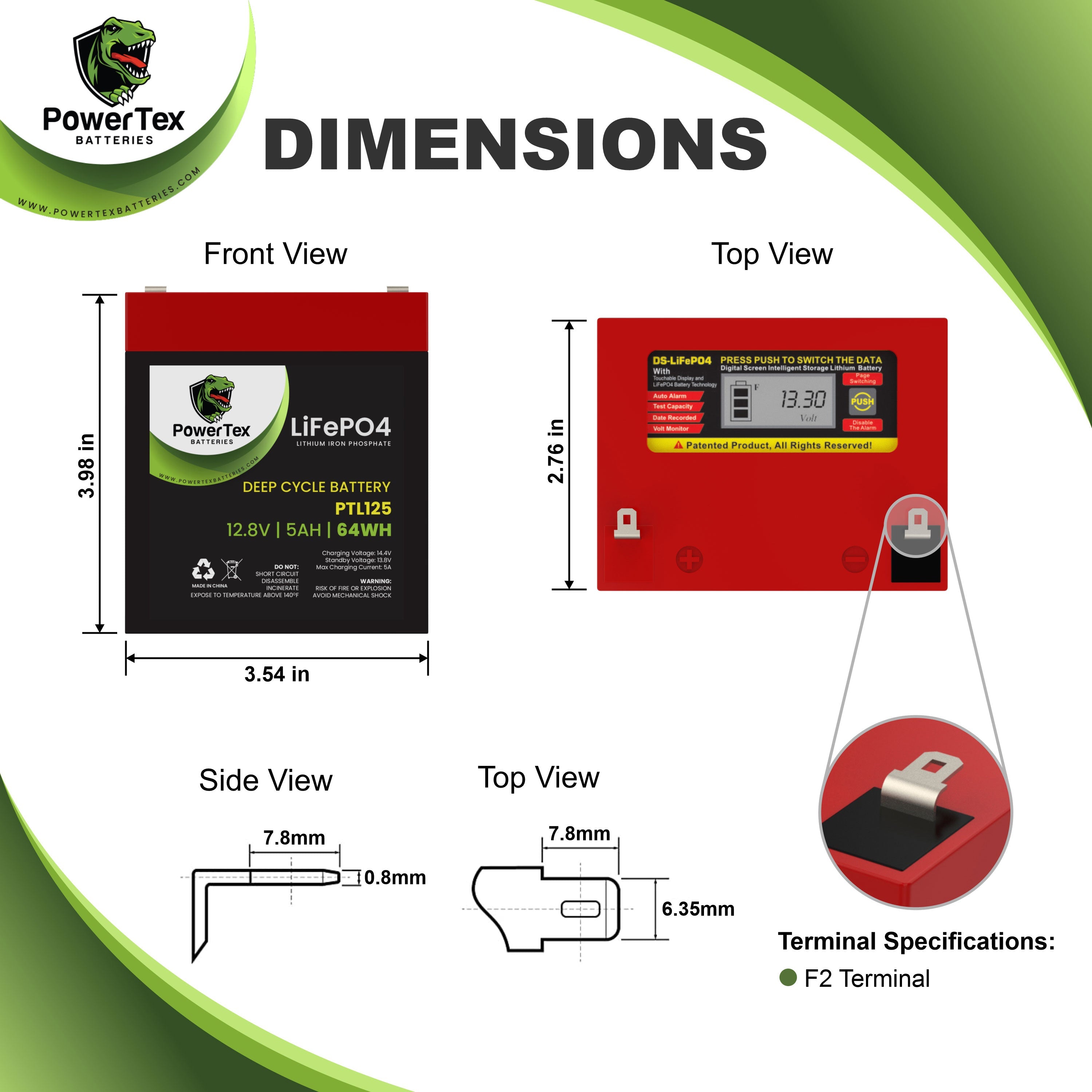 PowerTex Batteries 12V 5Ah Lithium Iron Phosphate LiFePO4 LFP Deep Cycle Rechargeable Battery