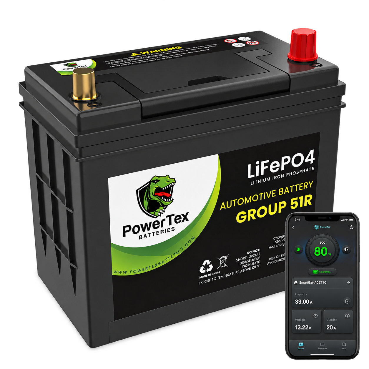 PowerTex Group 51R lithium car battery with the PowerTex phone app