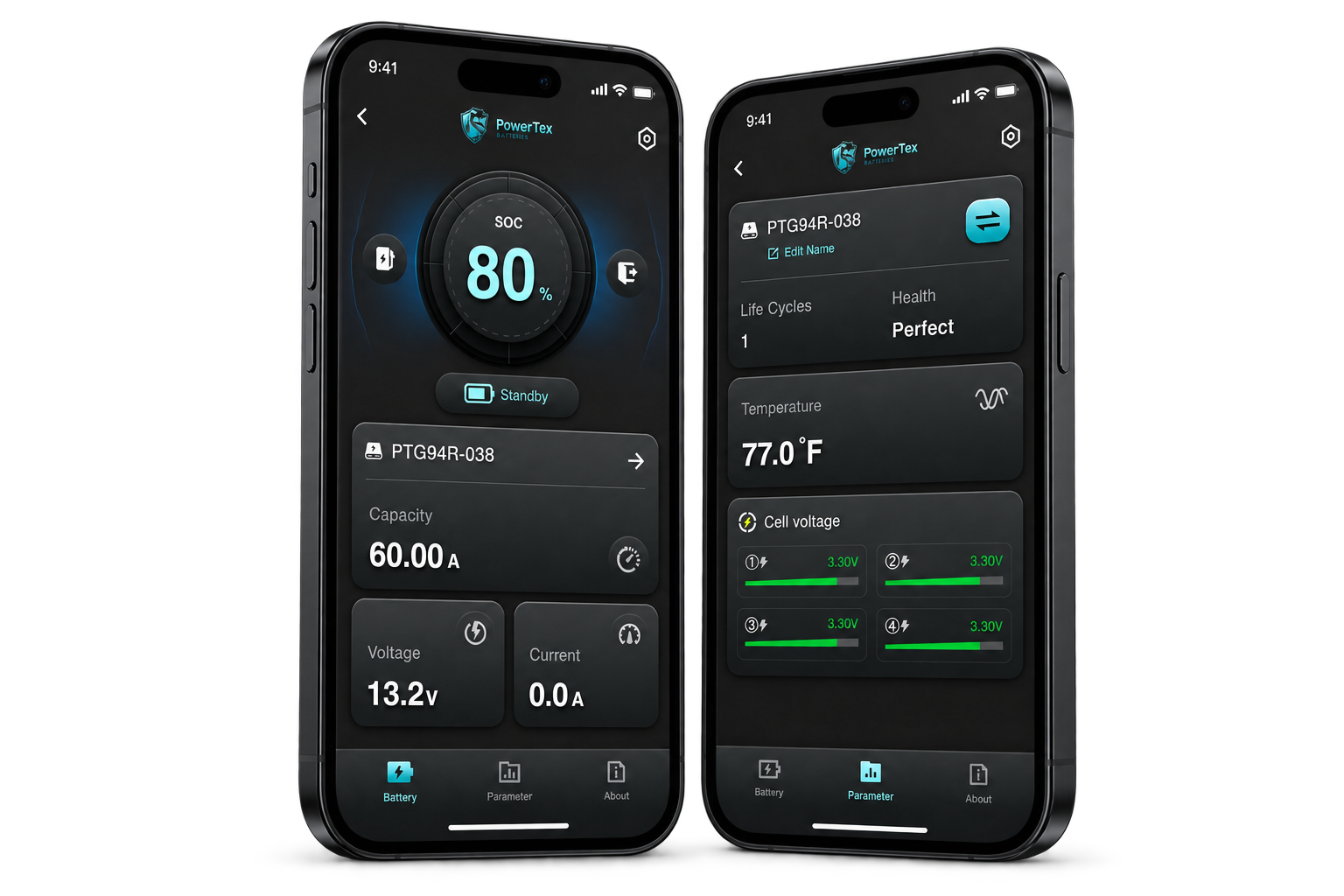 Two phone mockups showing PowerTex battery charge, health, temperature, cycle count, and cell voltage screens
